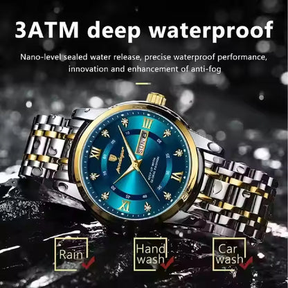 Gold Luxury Quartz Business Stainless Steel Dual Calendar Watches