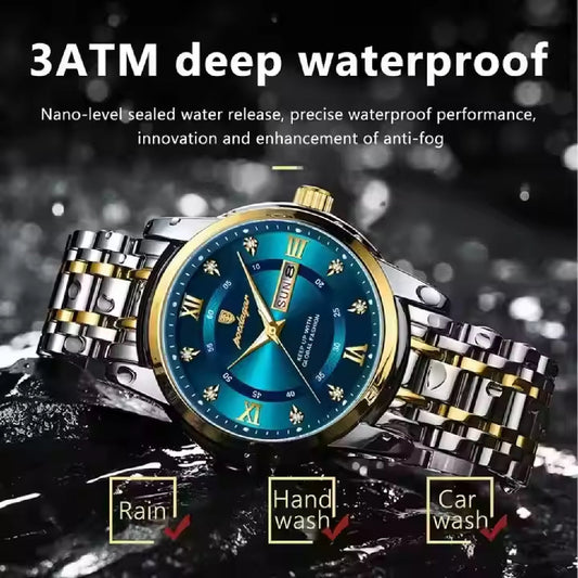 Gold Luxury Quartz Business Stainless Steel Dual Calendar Watches